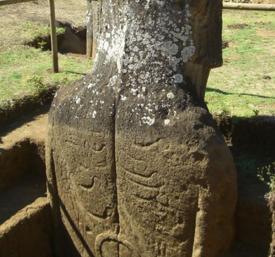 Rock art re-exposed during the excavation of two Moai by Jo Anne Van Tilburg and her team at Rano Raraku quarry, Rapa Nui. (Jessica Wolf University of California Los Angeles ) Ancient Origins